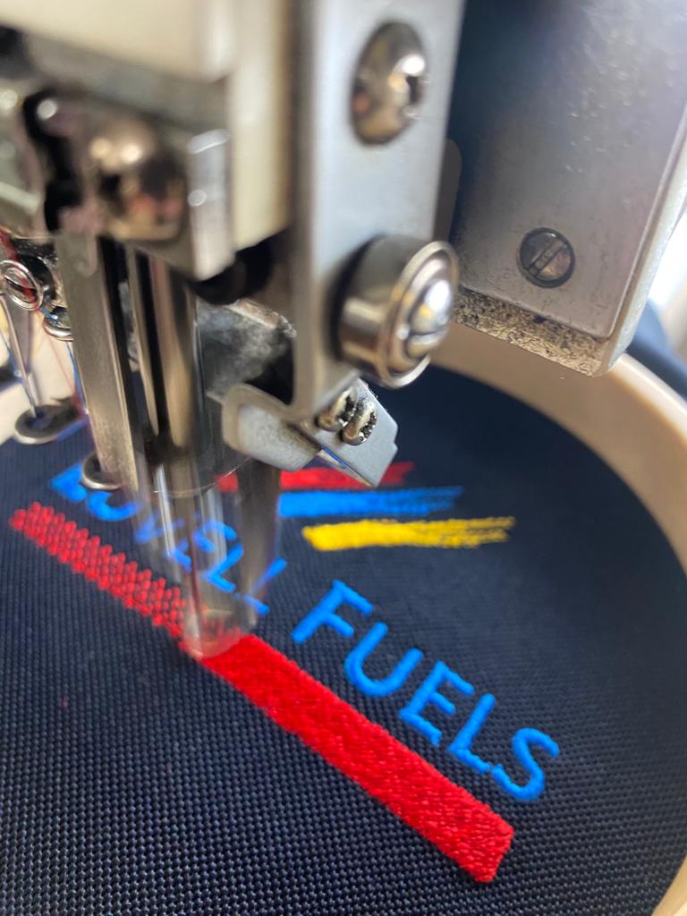 Close-up of embroidery being produced at WearYourLogo